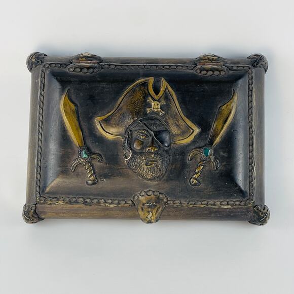 Pirate Wood Chest Box with One Eyed Jack Decor 10 x 7 x 3 1/2” - Picture 1 of 7